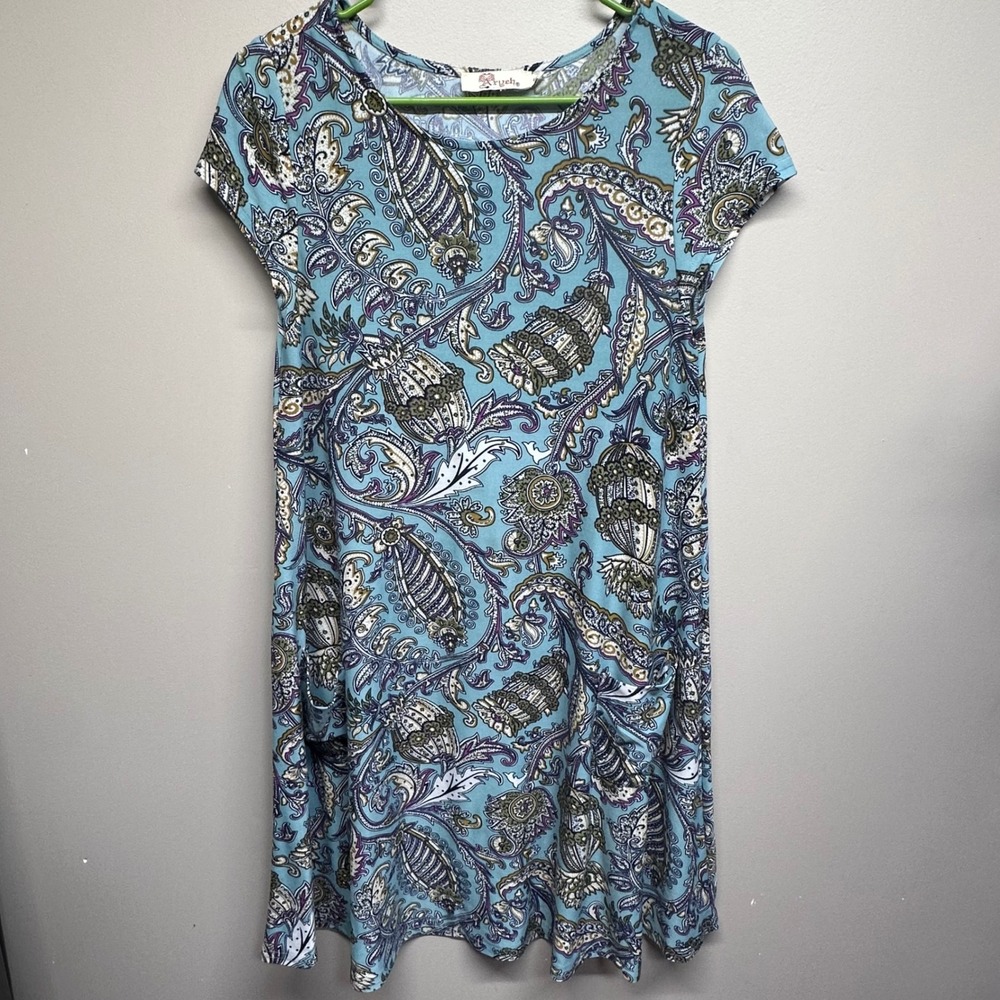 Aryeh Blue Paisley Floral Short Sleeve Tunic Dress Pockets Size Small Bohemian‎